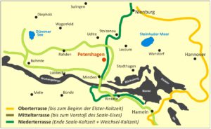 Die Weserverläufe zu Beginn und während des Eiszeitalters (nach Daten von Peter Rode, ehemals niedersächsisches Landesamt für Bodenforschung).