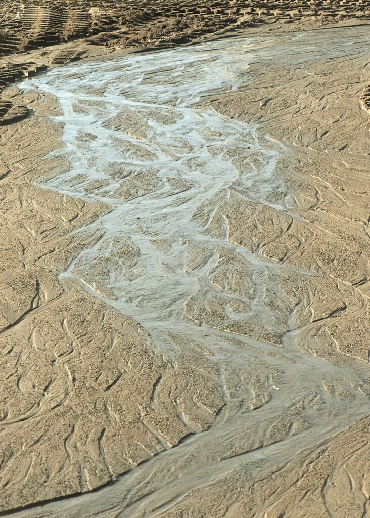Ablaufendes Wasser vor einer Sandhalde veranschaulicht gerade zu modellartig die Struktur „verwilderter“ eiszeitlicher Flüsse. Foto: Dietmar Meier