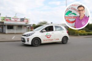 Geschäftsführer Antonio Da Silva zeigt, wie trotz der Brückensperrung jede Pizza pünktlich ankommt – dank cleverer Logistik über das Stauwehr. Fotos: Krischi Meier