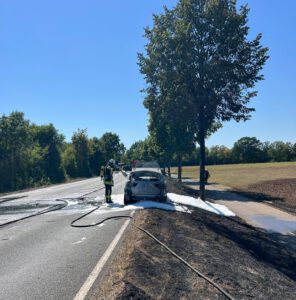 Das Fahrzeug war in Brand geraten; die Flammen griffen dabei auf eine Böschung, einen Baum sowie ein angrenzendes Feld über. Foto: Feuerwehr